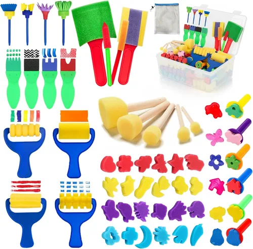 Vista 9 de 30 piezas de pintura de esponja de forma, pinceles de esponja para pintura acrílica, esponjas de manualidades con mango de madera para bricolaje