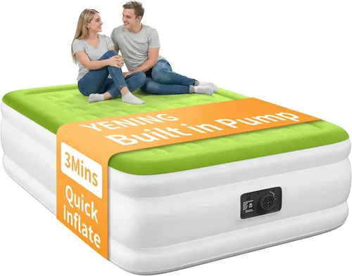 Vista 10 de YENING Colchón de aire tamaño completo con bomba incorporada, cama elevada doble inflable, cama de aire hinchable para camping eléctrico de 18 Beige