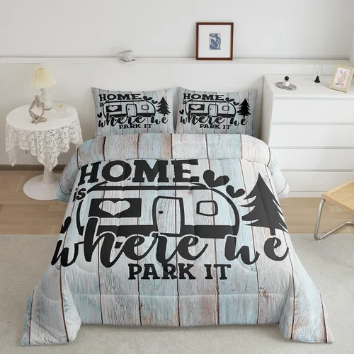 Vista 3 de Juego de edredón rústico de estilo granja para cama Queen, juego de cama divertido donde estacionamos, con 2 fundas de almohada, explore regalos
