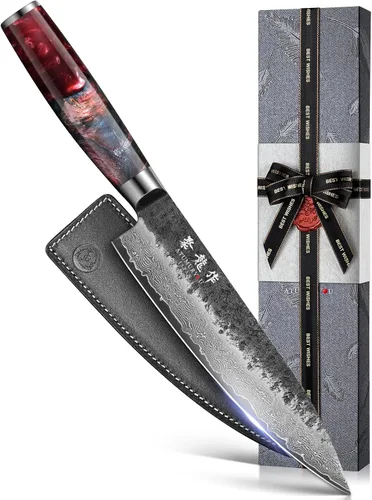Vista 9 de Cuchillo de chef japonés Kiritsuke de 8.27 pulgadas con núcleo VG10, cuchillo profesional de Damasco forjado a mano de 67 capas con mango