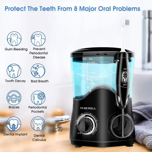 Vista 2 de TUREWELL FC162 Irrigador dental de agua para dientes/frenos, 10 niveles de presión, 8 puntas de chorro de agua para la familia, irrigador dental