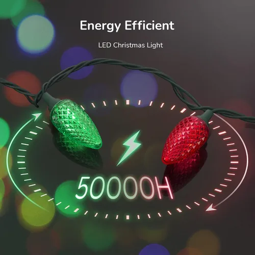 Vista 4 de DEWENWILS Luces de Navidad C9 para exteriores, 33.3 pies, 50 luces LED para árbol de Navidad, impermeables, grandes luces de Navidad, extensibles