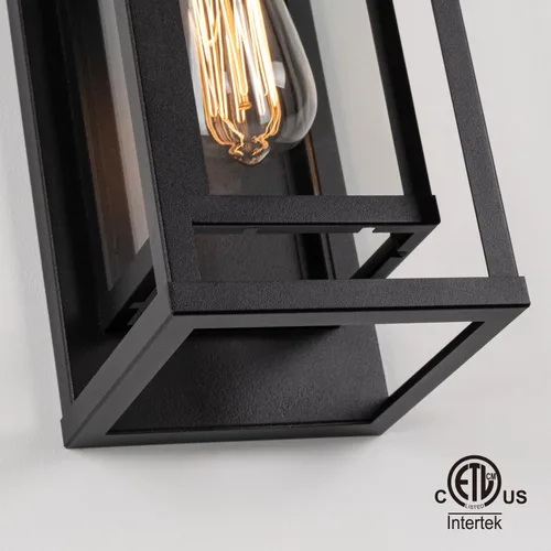 Vista 5 de mirrea Aplique de pared para exteriores de 14 pulgadas, 1 luz en negro mate, marco de metal rectangular y pantalla de vidrio transparente, luz