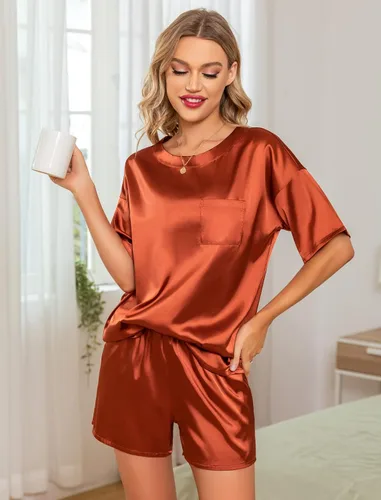 Vista 3 de Leikar Pijama de satén para mujer, conjunto de pijama de seda de manga corta, cómodo conjunto de pijama