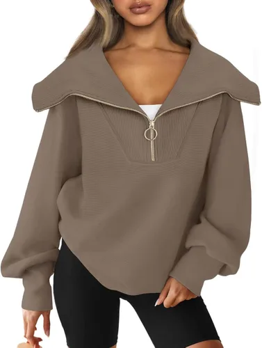 Vista 2 de EFAN Sudaderas de gran tamaño con media cremallera para mujer, sudadera con capucha y cremallera de un cuarto para adolescentes, ropa de otoño