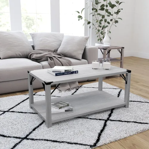 Vista 4 de Merrick Lane Green River Mesa de centro – Diseño moderno de granja – Acentos de acero con recubrimiento en polvo – Madera de ingeniería resistente a