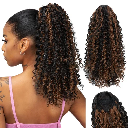 Vista 21 de Extensiones de cabello rizado con cordón para mujeres negras, 16 pulgadas de largo, sintético, afro, esponjoso, en capas, extensión de cola