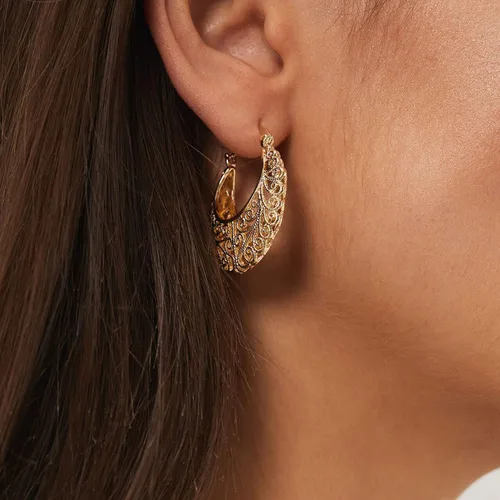 Vista 7 de Aretes de filigrana, estilo vintage, con filigrana, ovalados, chapados en oro, aretes colgantes chapados en oro, aretes bohemios amarillos para mujer