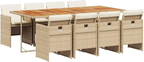 Vista 2 de Juego de comedor de patio de 9 piezas con mesa de ratán de polietileno beige y cojines color crema, muebles de exterior para jardín, patio trasero
