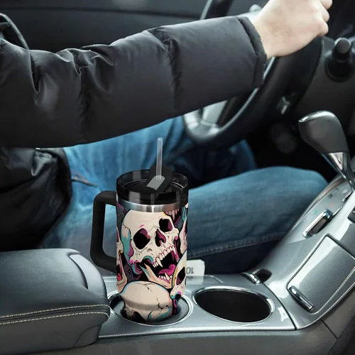 Vista 7 de Botella de agua de boca ancha al vacío con diseño de calavera de animales de dibujos animados coloridos para niños con tapa y pajita, taza