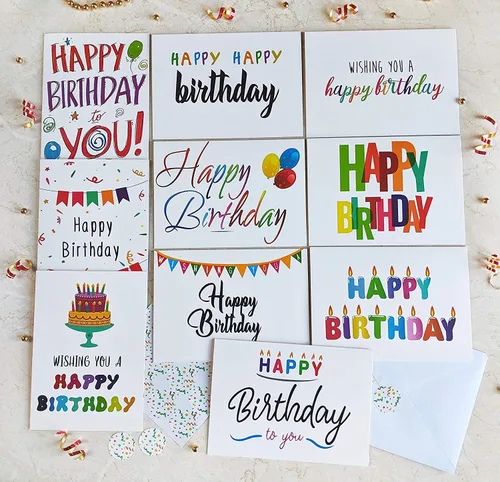 Vista 4 de 100 tarjetas de feliz cumpleaños a granel, surtido grande de 5 x 7 pulgadas, con sobres, calcomanías y saludos simples en el interior para oficina