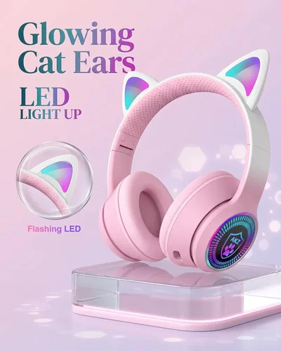 Vista 4 de Auriculares plegables inalámbricos Bluetooth 5.1 con luz LED, VIGROS estéreo, música, sonido envolvente con micrófono AUX para PC, pad, móvil
