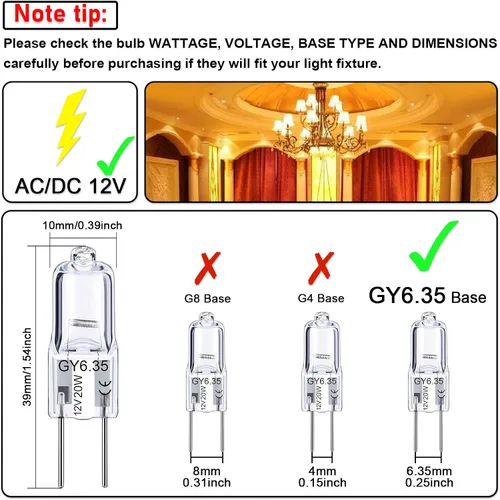 Vista 6 de TAIYALOO GY6.35 Halogen Light Bulbs 12 Volt 20 Watt, 12 Pack 2 Pin GY6.35 Base Bulb, Replacement T4 Tubular JCD Type Bulb for Ceiling Lights, Table