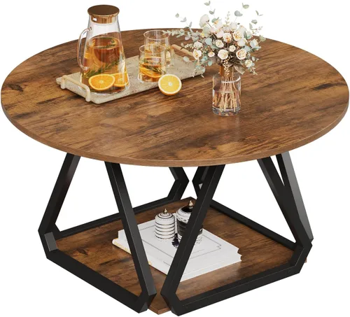 Vista 7 de Espelism - Mesa auxiliar redonda, 31.5 pulgadas, mesa central de 2 niveles con estante de almacenamiento Diseño moderno de madera rústica