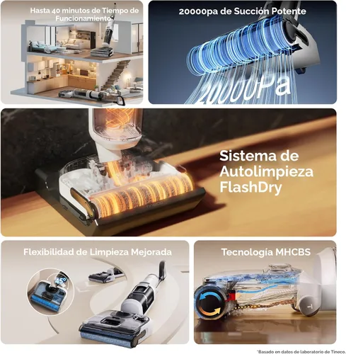 Vista 4 de Tineco Floor ONE Stretch S6 - Aspiradora inalámbrica en seco y húmedo, trapeador inteligente de 180°, 40 minutos de larga duración de 158 ℉ Flashdry