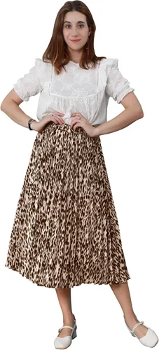Vista 3 de CHARTOU - Falda drapeada, acampanada, cintura alta elástica, moderna, estampado de leopardo y largo por debajo de la rodilla para mujer