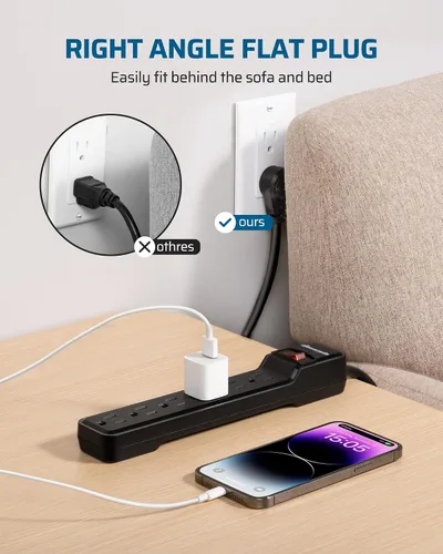 Vista 5 de DEWENWILS Multicontacto de 6 tomas con protector contra sobretensiones, cable de extensión de 15 pies, enchufe plano de bajo perfil, cortacircuito