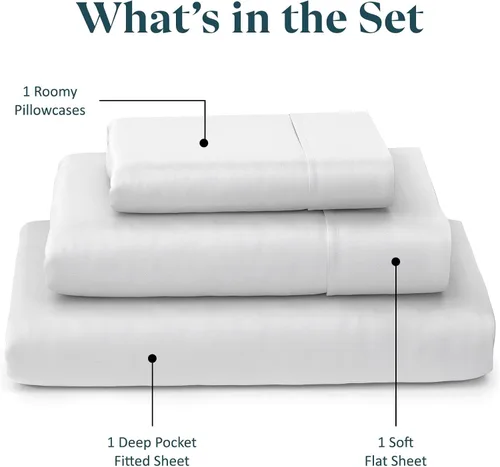 Vista 3 de SKY BEDDINGS Juego de sábanas individuales – Sábanas 100% algodón para cama individual – Juego de sábanas de 600 hilos individual con bolsillo Blanco