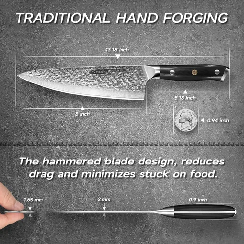Vista 5 de SCOLE® Cuchillo de chef japonés de 8 pulgadas, cuchillo profesional afilado, 67 capas VG-10 Damasco cuchillo de cocina de acero inoxidable con mango