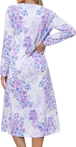 Vista 5 de JRYNOEU Camisones largos de algodón para mujer, vestidos de noche de manga larga, ropa de dormir de longitud completa, camisón suave para descansar