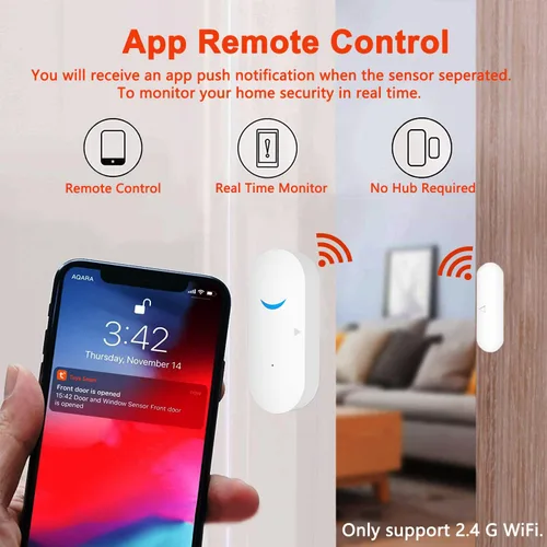 Vista 3 de Sensor de puerta inteligente con alarma inalámbrica, detector de ventana de puerta WiFi con 2 baterías, sensor de contacto de puerta de ventana