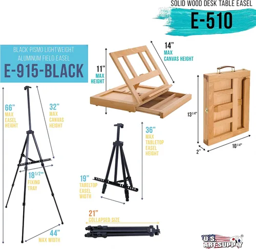 Vista 3 de U.S. Art Supply Juego de pintura para artistas de 133 piezas - Caballete de aluminio y madera, 24 cada uno (pinturas acrílicas, al óleo, acuarela)