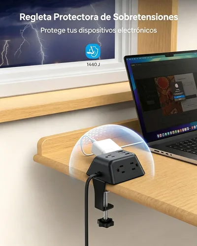 Vista 6 de Abrazadera de escritorio para tira de alimentación, protector de sobretensiones con 5 tomas de CA y 3 puertos USB, estación de carga de montaje