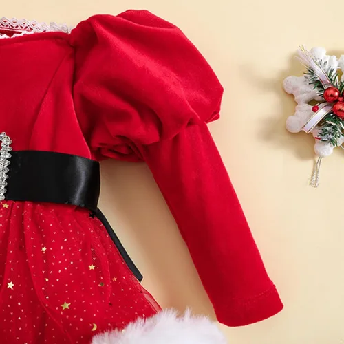 Vista 3 de Rswnyirn Vestido mameluco de Navidad para niñas pequeñas, vestido de tul de princesa de terciopelo rojo con diadema