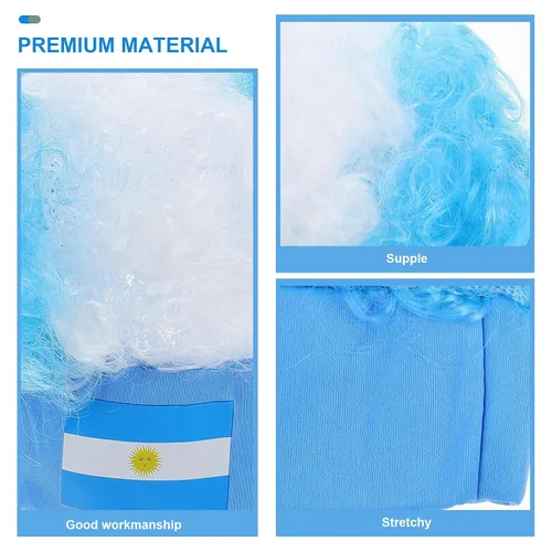 Vista 7 de Peluca con diadema para fanáticos de fútbol, recuerdos de fiesta de fútbol con bandera argentina, tocado de pelo falso interesante