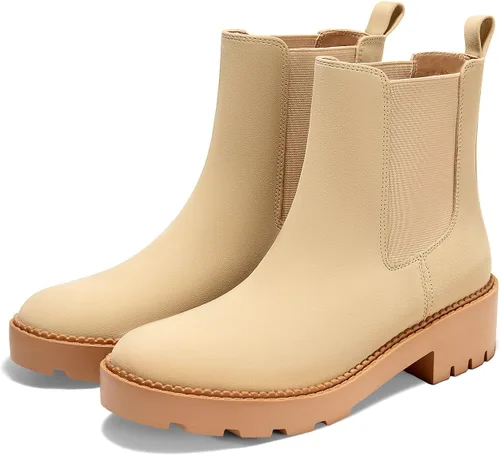 Vista 3 de Coutgo Botas Chelsea con plataforma gruesa y de tacón bajo para mujer, botas de tobillo elásticas de gamuza