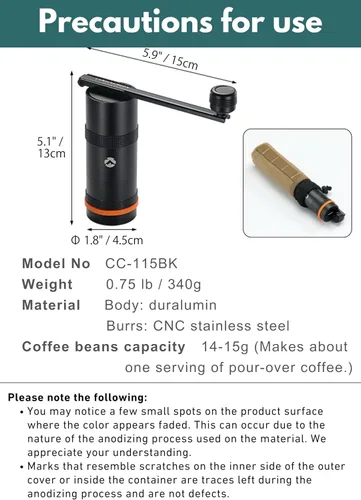 Vista 6 de CAMPINGMOON Molinillo de café manual portátil con mango plegable integrado, molinillo de mano CNC de acero inoxidable, molino cónico profesional