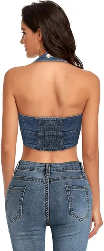 Vista 3 de Camiseta corta sin mangas con botones en la parte delantera y cuello en V profundo para mujer, corsé sin espalda