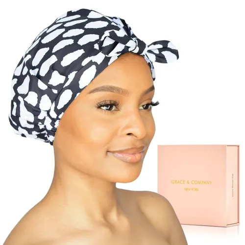 Vista 10 de GRACE & COMPANY Gorro de ducha de lujo para mujer, 100% impermeable, reutilizable, lavable y transpirable, diseño de pájaros del paraíso