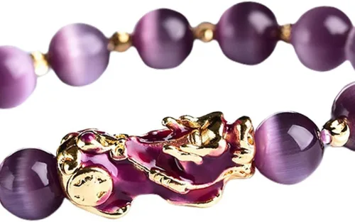 Vista 2 de Pulsera de amuleto chino de Feng Shui, pulsera de buena suerte con cuentas, amuleto de riqueza Pi Yao, joyería de buena suerte y riqueza, morado