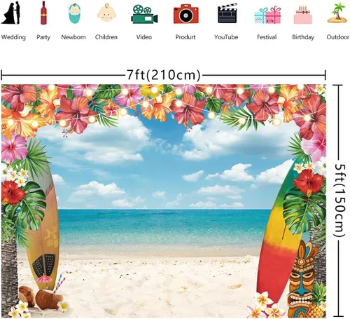 Vista 5 de Fondo de playa hawaiana para verano, cielo, océano, palmera tropical, tabla de surf, fondo de fotografía, baby shower, decoración de fiesta
