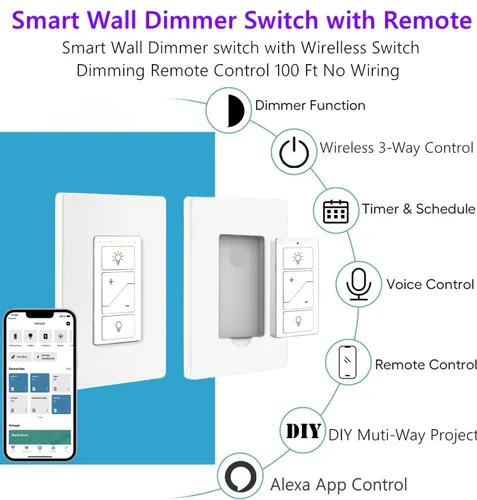 Vista 3 de Nexete Interruptor inteligente de atenuación de pared, atenuador de un solo polo con un control remoto inalámbrico, atenuador inalámbrico de 3 vías