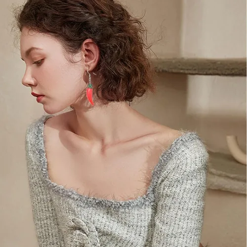 Vista 5 de ONLYJUMP Aretes colgantes de chile rojo para mujer, lindos y divertidos, realistas, simulación, vegetales, alimentos, resina, colgantes, colgantes