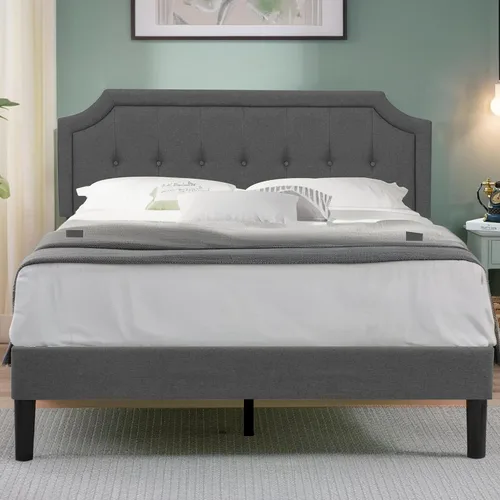 Vista 11 de VECELO - Base de cama tapizada con plataforma individual con cabecera ajustable de panel cosido con botones, fuerte soporte de listones de madera