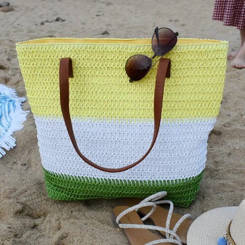 Vista 35 de Bolso grande de paja para mujer, tejido de ratán, bolso de playa de verano, a rayas