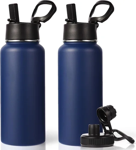 Vista 45 de Neihepal Botella de agua aislada de 32 onzas con 2 tapas (tapa con pajilla y boquilla), botellas de agua de doble pared de acero inoxidable 18/8