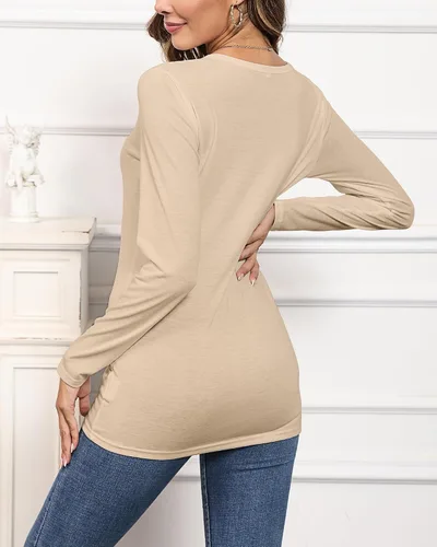 Vista 5 de 2 camisetas de manga larga para mujer, cuello redondo, ajustadas, básicas, blusas
