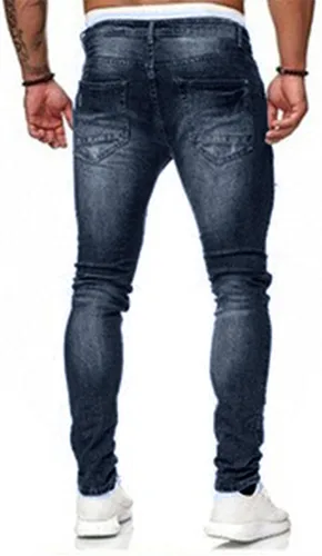 Vista 3 de HUNGSON Men's Blue Slim Fit Jeans Stretch Destroyed Ripped Skinny Jeans Side Striped Denim Pants