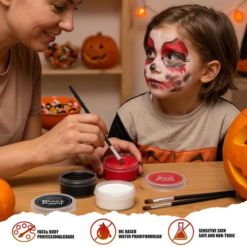Vista 5 de Kit de pintura facial blanca y negra para Halloween con base de aceite, kit Negro-blanco