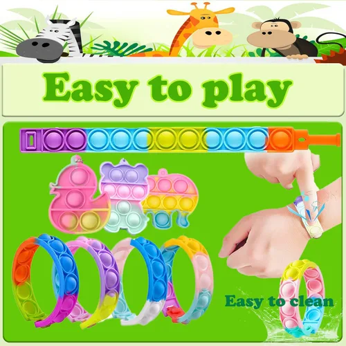 Vista 3 de Dilycery 107 juguetes de recuerdo de fiesta, juguetes de caja del tesoro para el aula, juguetes Pop Fidget Toys Cofre del tesoro para niños premios