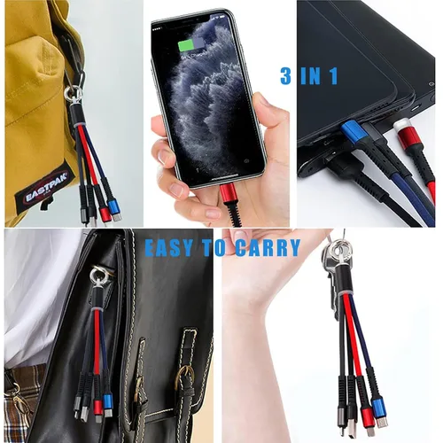 Vista 4 de Juego de cables de carga USB multifunción, paquete de 3 cables trenzados de nailon 3 en 1, múltiples cables de carga rápida para el hogar, oficina