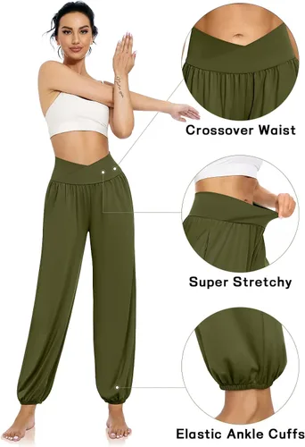 Vista 3 de UEU Pantalones deportivos de yoga con bolsillos para mujer, estilo harem cruzado, cintura alta, holgados, casuales, para descansar, para descansar