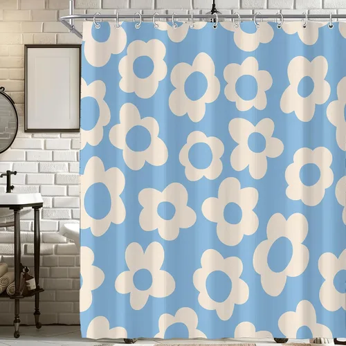 Vista 30 de Cortina de ducha pequeña para casa rodante, tamaño medio, estilo retro de los 70, con flores bonitas, estética abstracta de margaritas, decorativa