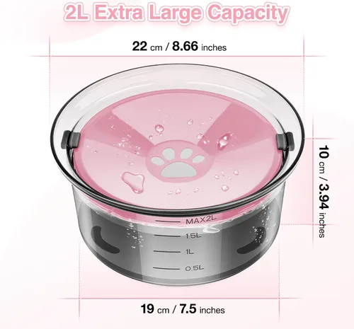 Vista 2 de Cuenco de agua para perros de 2 litros, sin derrames, de 70 onzas, tazón grande a prueba de derrames, reduce el relleno, cuenco de agua potable Rosa