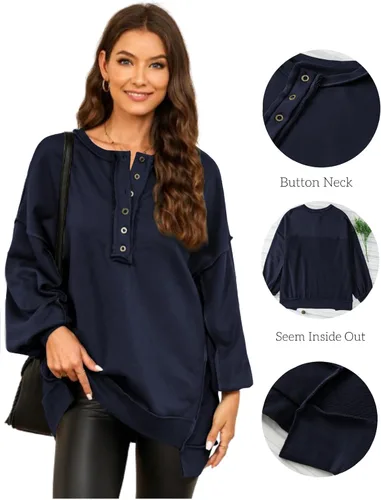 Vista 62 de AlvaQ - Sudadera de gran tamaño para mujer, informal, de manga larga, con botones y cuello Henley, tipo túnica