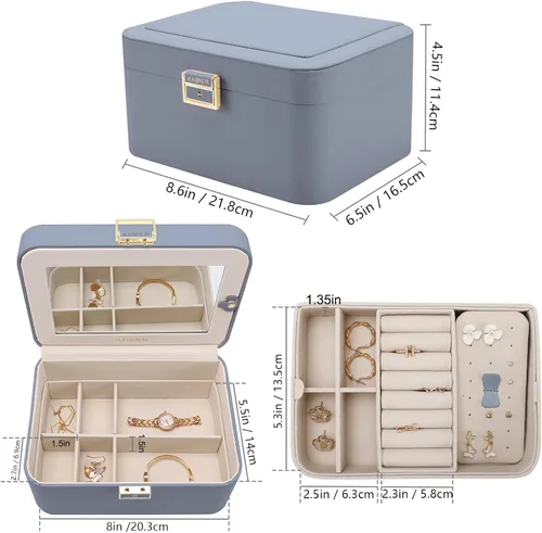Vista 6 de KAMIER Caja organizadora de joyas, 2 capas de piel sintética, gran capacidad, doble cerradura y espejo grande, ganchos ocultos para collares